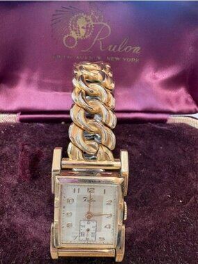 Vintage Rulon Gold-Tone Manual Wind Watch With Chunky Chain Bracelet & Original